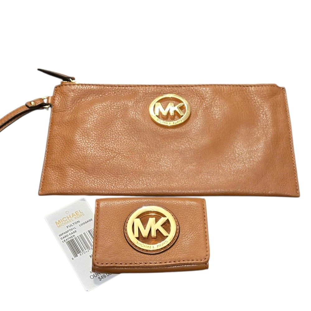 Michael Kors Fulton Leather Clutch And Card Holder Set Caramel Brown